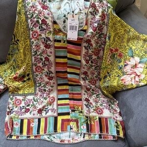 Johnny Was Silk Multicolor Floral and Stripe Top-NWT